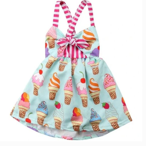 Toddler Baby Girls Summer Skirt Ice Cream Print Sleeveless Strap Backless Dress - Picture 1 of 7